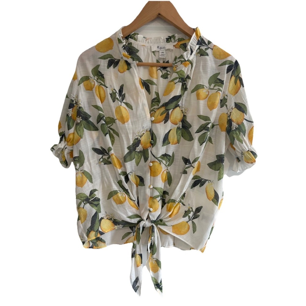 C By One Lemon Print Tie Front Blouse Top Large NWOT Cropped Short Sleeve Boho